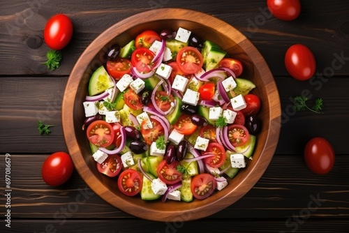 Greek salad ingredients on wooden table; top view.