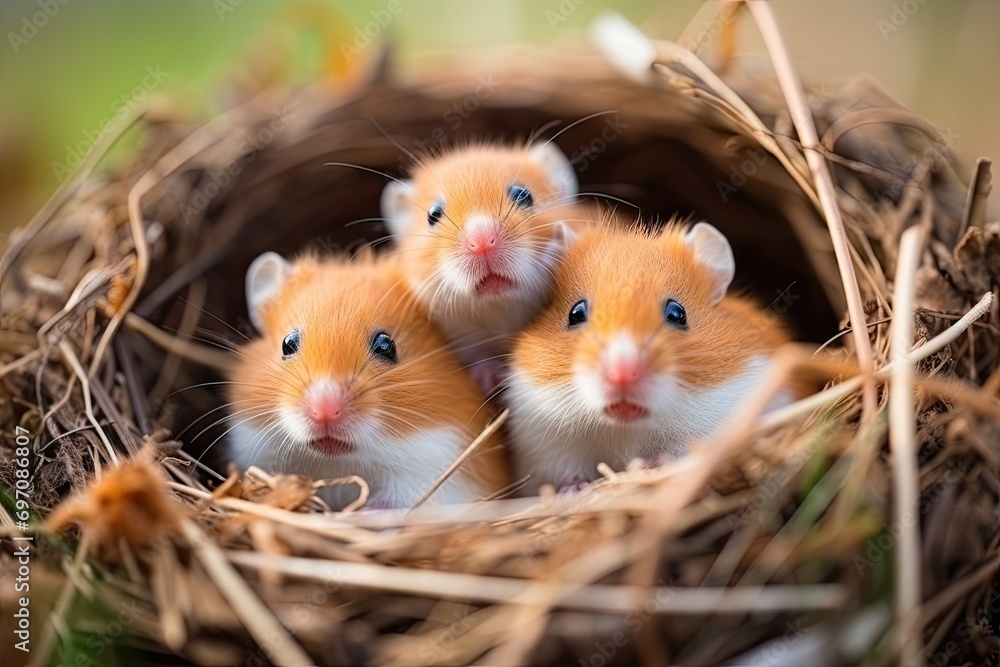 Close-up of a hamster nest. Multiple tiny hamsters in grass nest. Newborn hamsters. Close-up of a hamster nest. Multiple tiny hamsters in grass nest. Newborn hamsters.