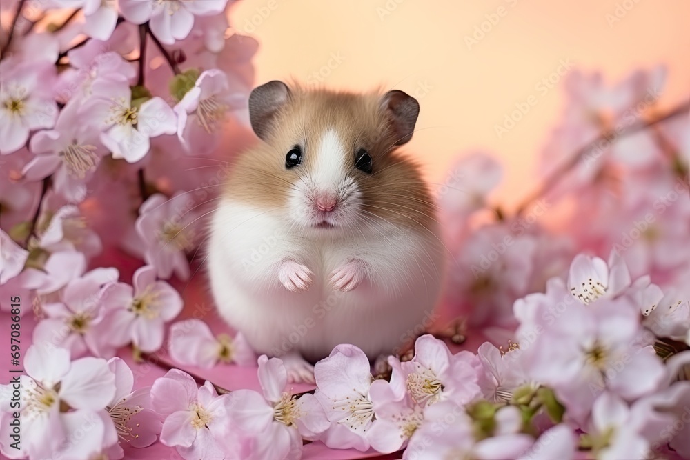 Happy Syrian Hamster posing with cherry blossoms on a pink backdrop Cute pet portrait in a spring studio Happy Syrian Hamster posing with cherry blossoms on a pink backdrop Cute pet portrait in a spring studio