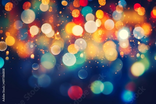 Festive New Year background. Abstract background with colorful bokeh defocused lights and stars. Banner, poster, card. Holiday