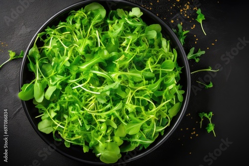 Fresh green salad on black background.