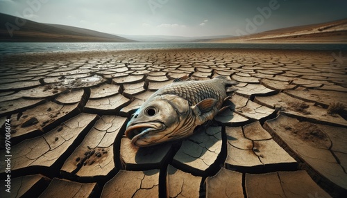Dead Fish on Cracked Lake Bed photo