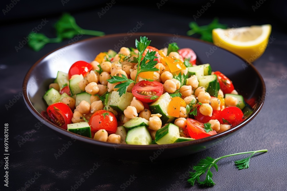 Nutritious homemade salad with chickpeas, vegetables, vitamins.