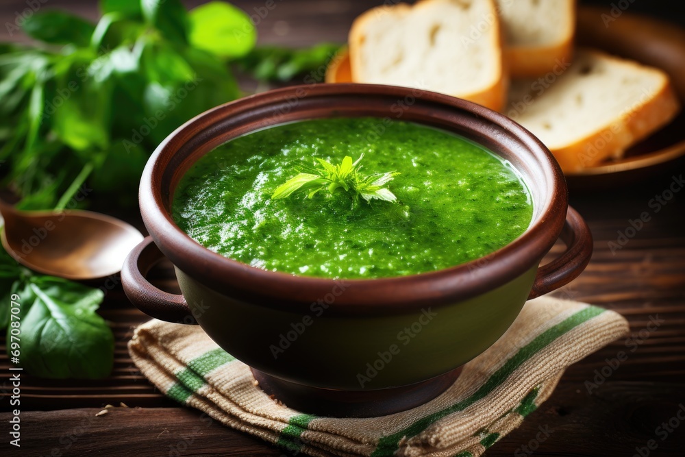 Spinach soup made at home on a wooden surface. Spinach soup made at home on a wooden surface.