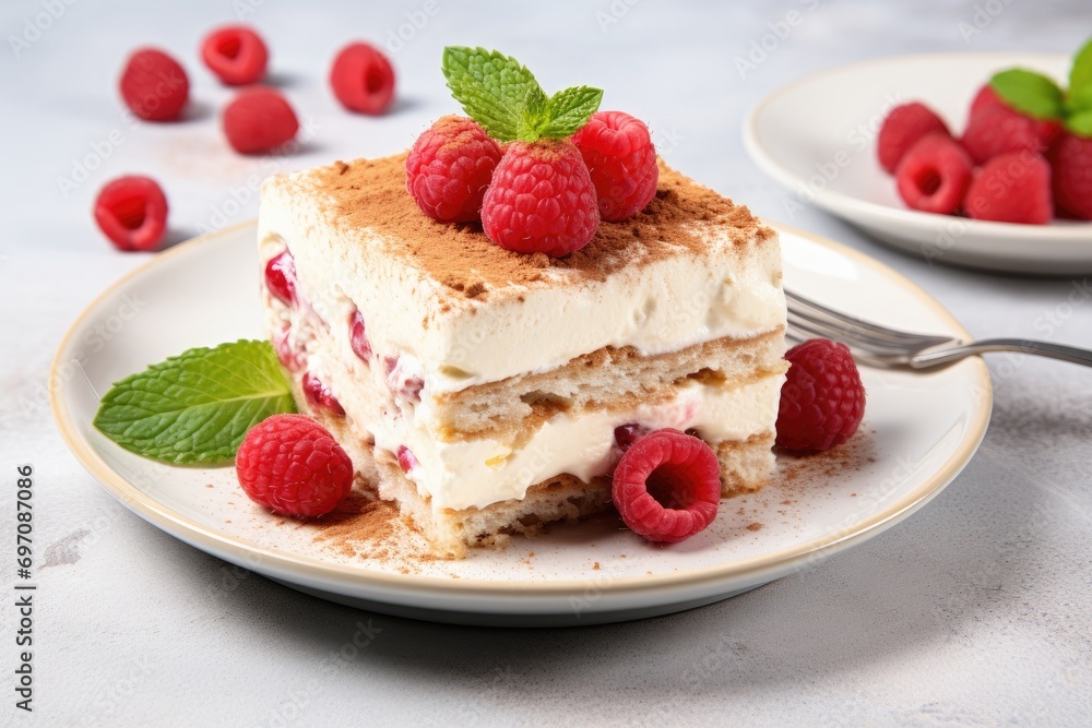 Homemade tiramisu topped with fresh raspberries seen from above Homemade tiramisu topped with fresh raspberries seen from above