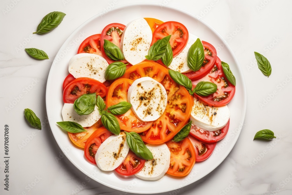 Horizontal flat lay of Italian caprese salad with sliced tomatoes mozzarella and basil Rustic Mediterranean meal on light background Horizontal flat lay of Italian caprese salad with sliced tomatoes mozzarella and basil Rustic Mediterranean meal on light background