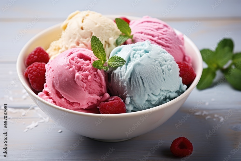 Ice cream in bowl on wooden surface Ice cream in bowl on wooden surface