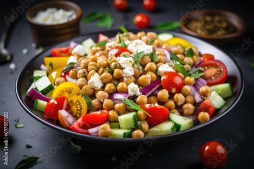 Fresh Greek salad with vegetables and chickpeas topped with dressing.