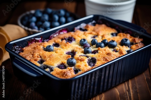 Homemade blueberry cake freshly baked in a pan