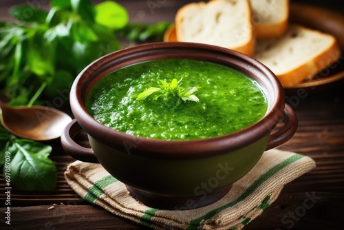 Spinach soup made at home on a wooden surface.
