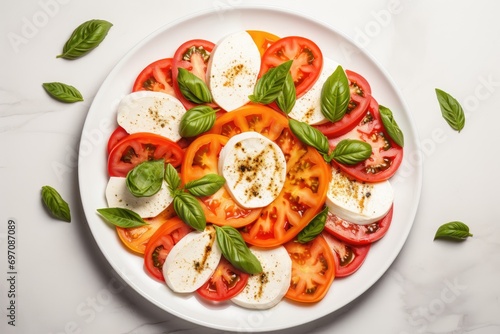 Horizontal flat lay of Italian caprese salad with sliced tomatoes mozzarella and basil Rustic Mediterranean meal on light background