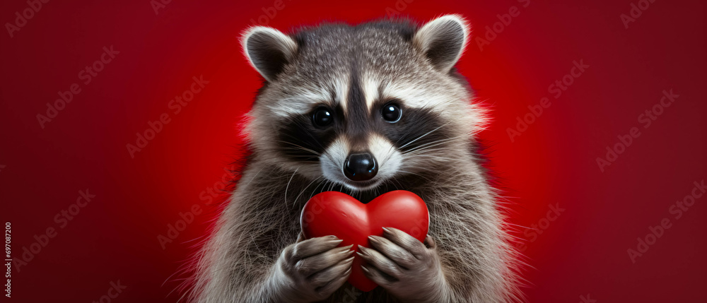 Raccoon holding a red heart on a red background. Valentine's Day. Raccoon holding a red heart on a red background. Valentine's Day.