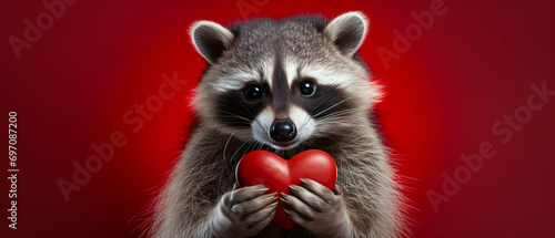 Raccoon holding a red heart on a red background. Valentine's Day. © Backdesign