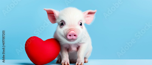 Photo Cute little piglet with pink heart on blue background