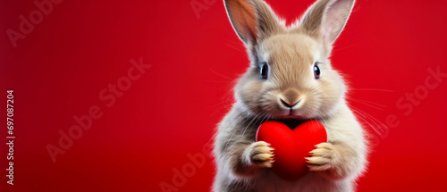 Rabbit with red heart on a red background. Easter concept. Funny animal Valentines Day, love, wedding celebration concept greeting card © Backdesign