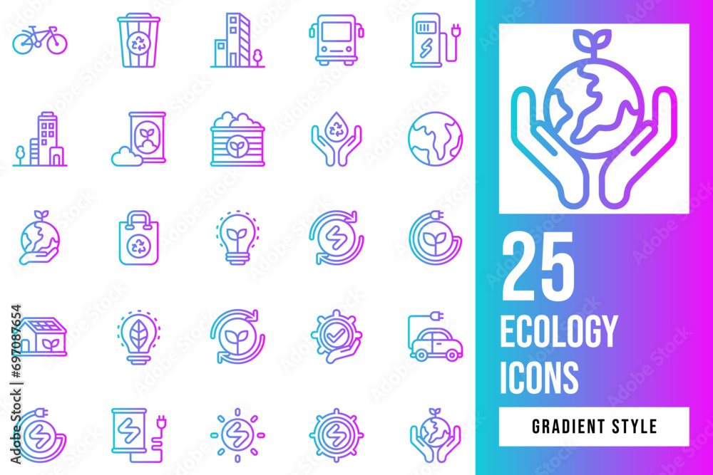 Set of Ecology Gradient Icon Design Vector. efficiency, conservation, environmental, factory, eco, electricity, earth, control, power, electric, charge, ecology, bus, bicycle, bag, energy, bulb, light