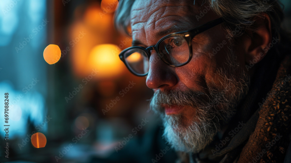 A serious old man with a grey beard, glasses and a weathered face. Shallow depth of field. Wearing a brown jacket. Handsome and trustworthy. Wise old man. A serious old man with a grey beard, glasses and a weathered face. Shallow depth of field. Wearing a brown jacket. Handsome and trustworthy. Wise old man.