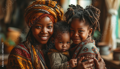 Portrait of beautiful african family, a mother with her little son and her daughter.