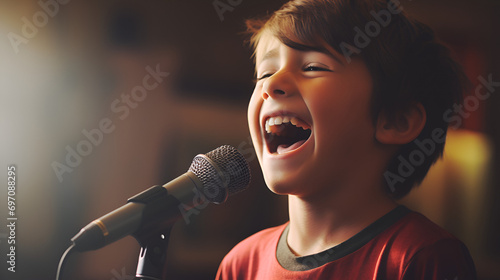 A young boy is singing into a microphone  photo