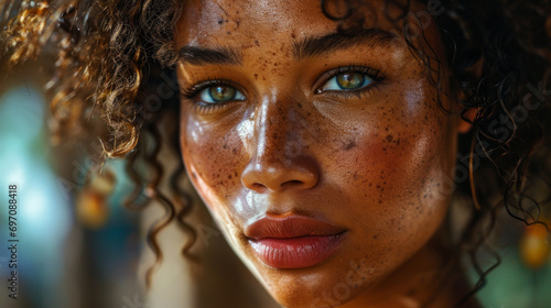 A portrait of a beautiful african woman with freckles, standing on a city street with a serious face expression.