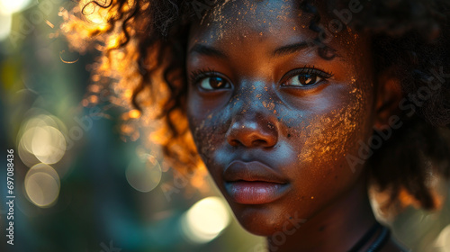 A portrait of a beautiful african woman with a serious face expression. Striking, determined and captivating.