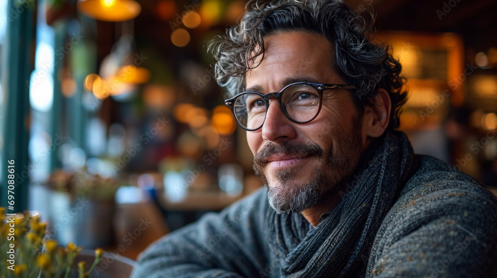 A handsome man with glasses and a beard. Smiling. Shallow depth of field. Yellow clothes. A handsome man with glasses and a beard. Smiling. Shallow depth of field. Yellow clothes.