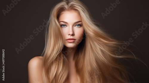 Beautiful ginger woman with long wavy coloring hair on studio background. © PaulShlykov