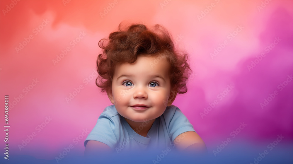 portrait of an adorable little baby. lovely kid with big eyes on pink, purple, blue and orange gradient background portrait of an adorable little baby. lovely kid with big eyes on pink, purple, blue and orange gradient background