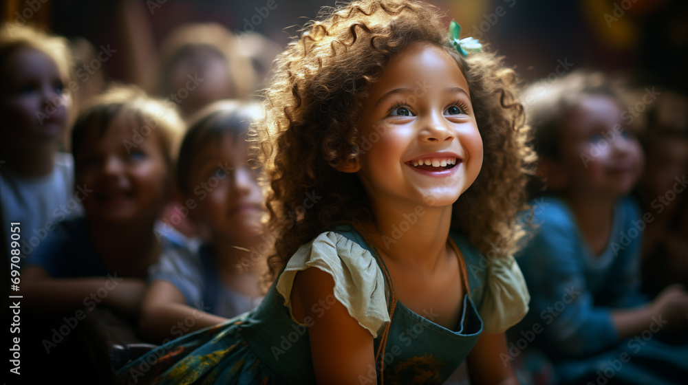 Happy child smiling at front of an audience or class Happy child smiling at front of an audience or class