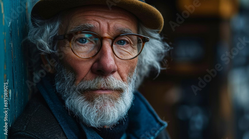 An old man with a grey beard and glasses. Wearing a hat. Serious face expression. Bokeh.