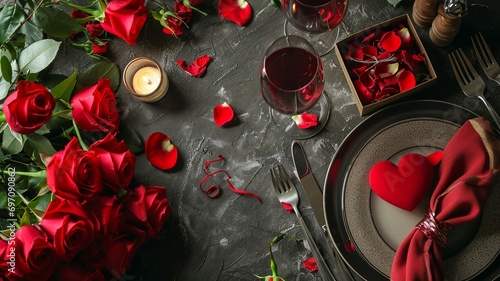 Romantic Dinner Setting with Wine and Red Roses