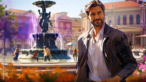 Portrait of a man in a city square with a fountain and flowering colors