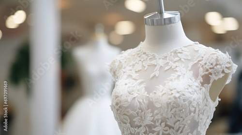 Closeup Of Luxurious White Bridal Gown In Boutique