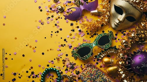 Festive Mardi Gras Setup with Masks and King Cake