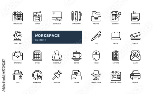 workspace office work management stationary detailed outline line icon set