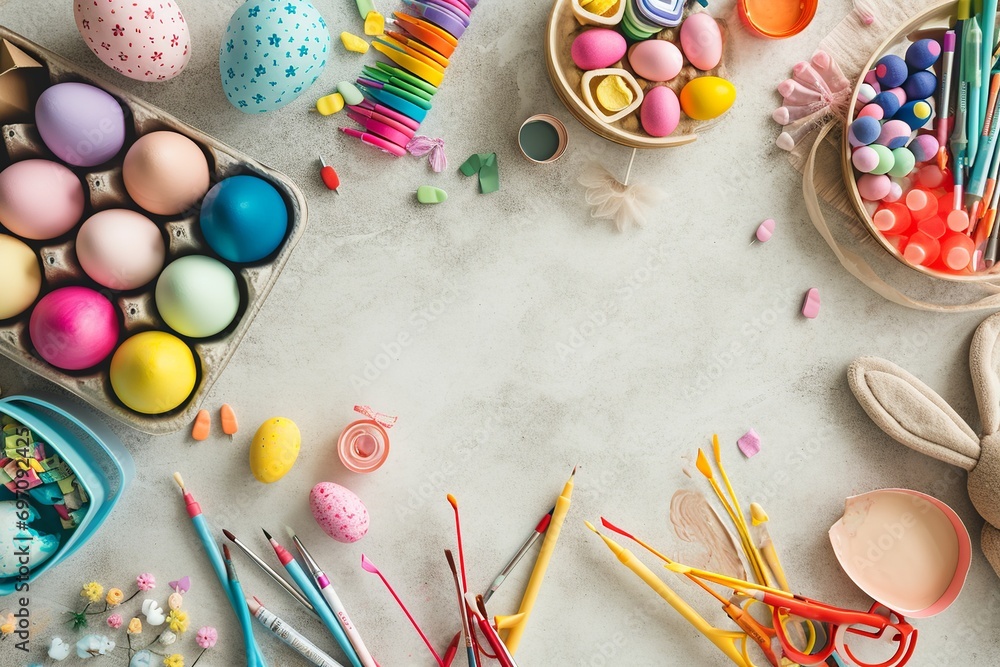 Fototapeta premium Children's Easter Craft Area Flat Lay with Egg Painting Kits