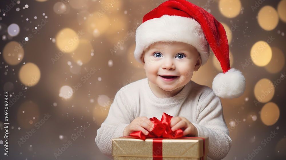 Happy toddler boy in Santa Hat with Christmas Gift Happy toddler boy in Santa Hat with Christmas Gift