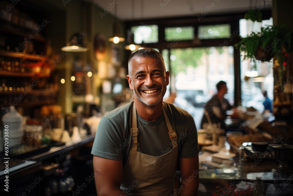 A busy coffee shop owner serving customers with a bright smile and enthusiasm. A busy coffee shop owner serving customers with a bright smile and enthusiasm.