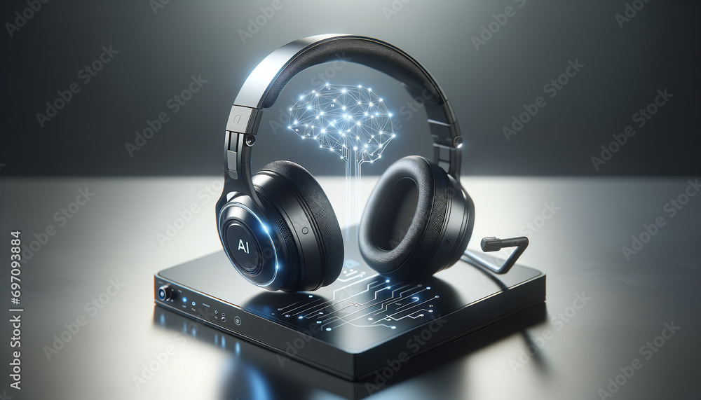 Minimalist gaming headset with AI-inspired digital overlay on reflective surface.