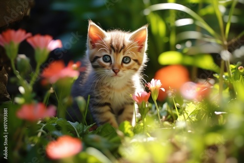 A bright-eyed kitten exploring a garden, full of curiosity and playfulness.