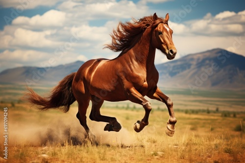 A majestic horse galloping across an open field, showcasing its grace and speed.