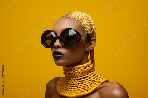 A young African girl with sunglasses and jewelry on a yellow background.