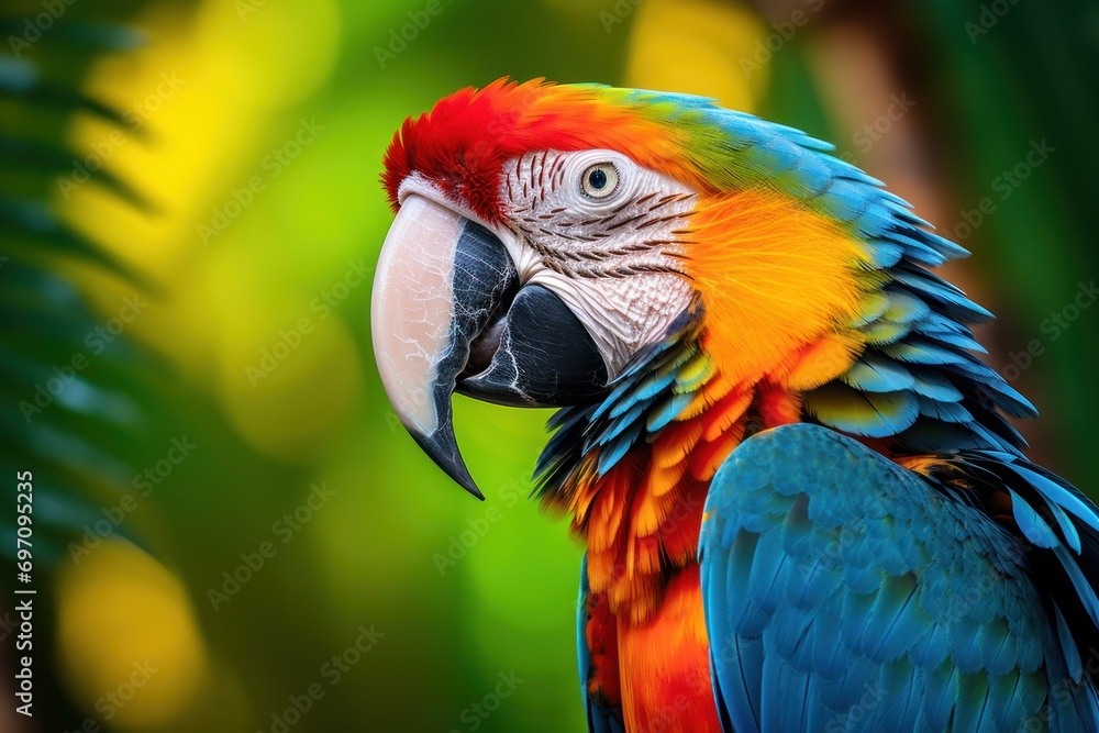 Obraz premium Close-up of a colorful parrot in a tropical forest.