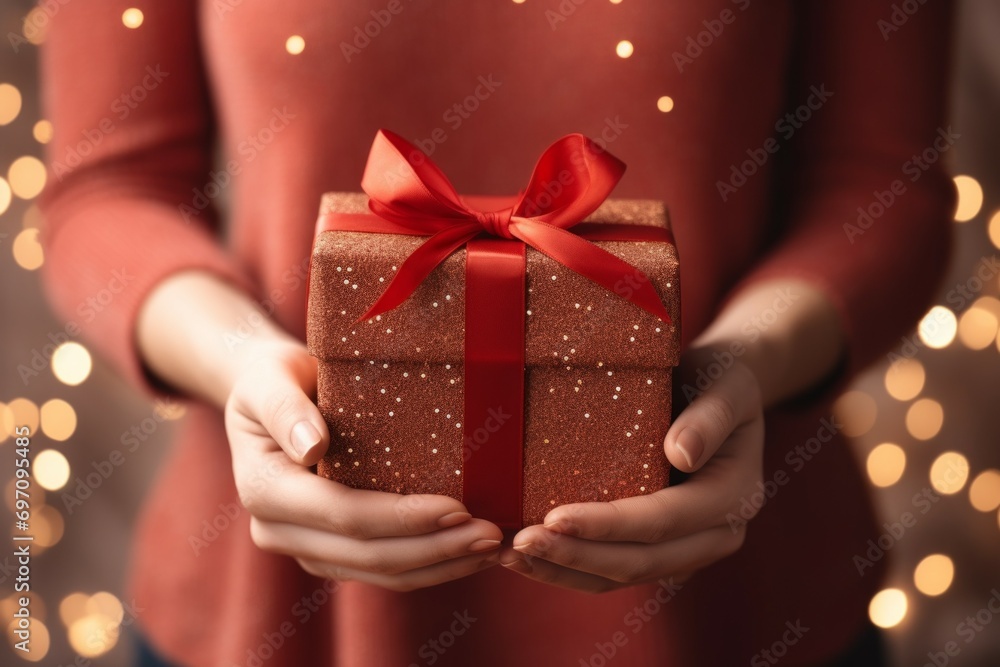 A gift in female hands. Background with selective focus and copy space A gift in female hands. Background with selective focus and copy space