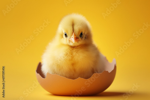 Cute Easter chicken. Background with selective focus and copy space