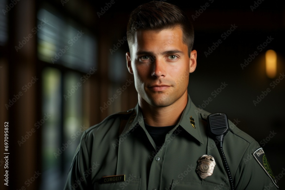 A man is a security or law enforcement officer. Concept of top in demand profession. Portrait with selective focus A man is a security or law enforcement officer. Concept of top in demand profession. Portrait with selective focus