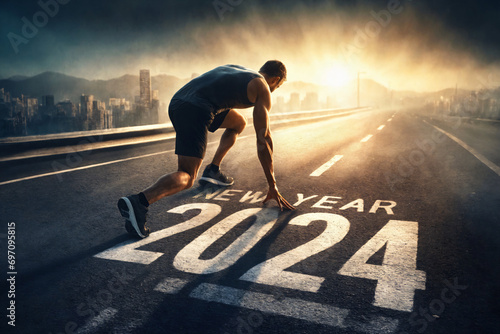 New year 2024 concept, beginning of success. Text 2024 written on asphalt road, male runner preparing for the new year