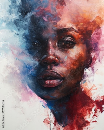 African Female Portrait: Surrealistic Art Piece Amidst Colored Smoke and Paint – Captivating, Vibrant, and Expressive Digital Art for Modern Design Projects and Inspiration. Generative AI © Stefan