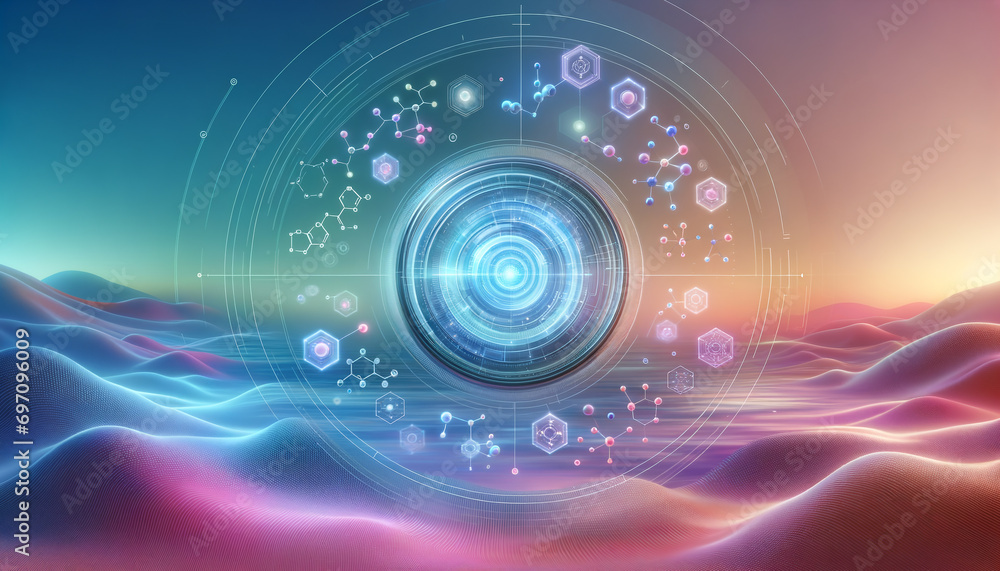 Futuristic AI Drug Discovery Interface with Molecular Structures. Futuristic AI Drug Discovery Interface with Molecular Structures.