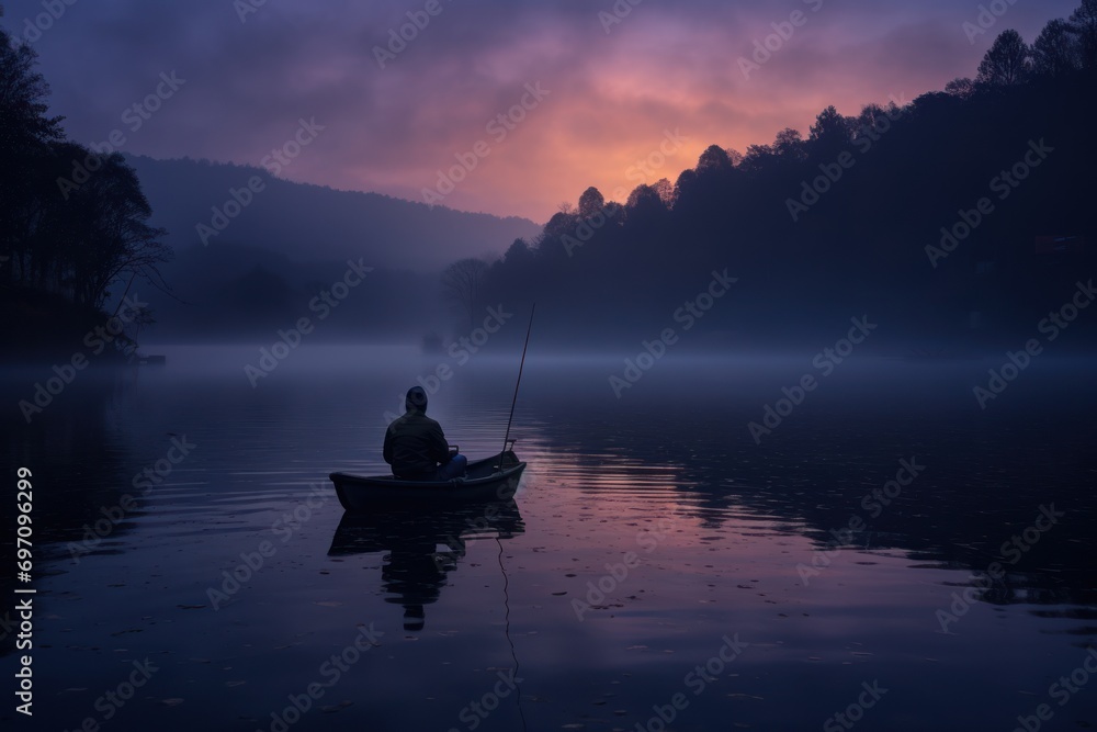 Lonely fisherman at dusk on a tranquil lake.